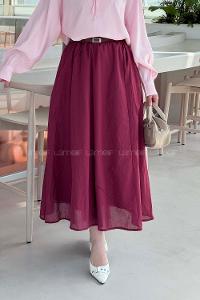 Lamelif Kemerli Cepli Tesettür Etek Bordo