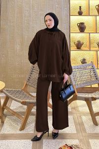 Lamelif Kol Büzgü Detaylı Takım Kahve