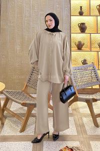 Lamelif Kol Büzgü Detaylı Takım Taş Rengi