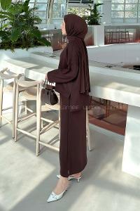 Lamelif Kristal Etekli Tesettür Takım Acı Kahve