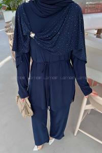 Lamelif Taş Detaylı Pelerinli Pantolon Takım Lacivert