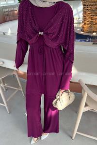 Plum Crew Neck Long Arm Cotton Regular Trousers Comfortable Suit