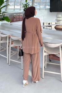 Lamelif Taş Detaylı Pelerinli Pantolon Takım Somon