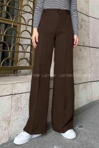 Lamelif Çımalı Bol Paça Pantolon Kahverengi