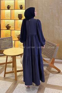 Lamelif Balon Kol Katlı Tesettür Elbise Yıkama Mavi