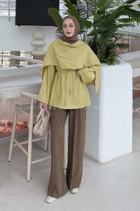 Lamelif Şallı Bluz Yağ Yeşili