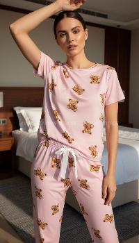 Lamelif Milan Kumaş Ayıcık Desenli Kadın Pijama Takım