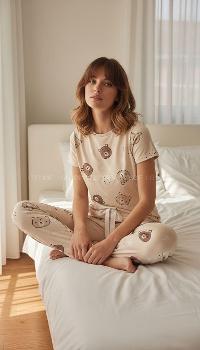 Lamelif Milan Kumaş Ayıcık Desenli Kadın Pijama Takımı