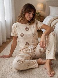 Lamelif Milan Kumaş Ayıcık Desenli Kadın Pijama Takımı