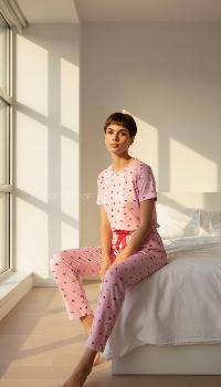 Lamelif Milan Kumaş Kiraz Desenli Kadın Pijama Takımı