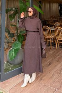 Bitter Brown Crew Neck Long Arm Viscose Fabric Flared Skirt Suit