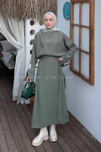 Khaki Crew Neck Long Arm Viscose Fabric Flared Skirt Suit