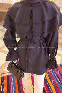 Lamelif Volan Detaylı Kol Büzgülü Gömlek Acı Kahve