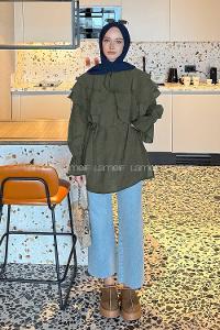 Lamelif Volan Detaylı Kol Büzgülü Gömlek Haki