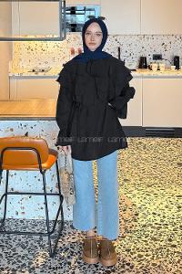 Lamelif Volan Detaylı Kol Büzgülü Gömlek Siyah