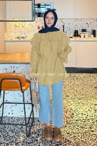 Lamelif Volan Detaylı Kol Büzgülü Gömlek Yağ Yeşili