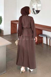 Lamelif Bağlama Detaylı Etekli Takım Acı Kahve