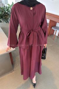 Lamelif Bağlama Detaylı Etekli Takım Bordo