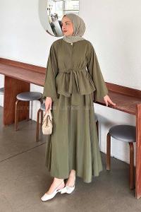 Lamelif Bağlama Detaylı Etekli Takım Haki