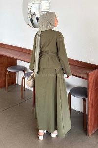 Lamelif Bağlama Detaylı Etekli Takım Haki