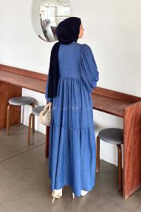 Lamelif Balon Kol Katlı Tesettür Elbise Kot Mavisi