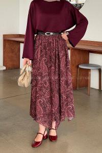 Lamelif Desenli Şifon Etek Bordo