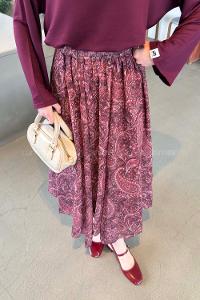 Lamelif Desenli Şifon Etek Bordo
