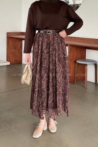 Lamelif Desenli Şifon Etek Kahve