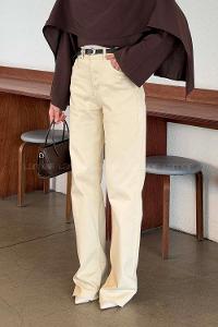 Lamelif Kesik Paça Renkli Dikiş Pantolon Krem