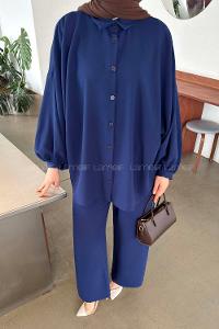 Navy Blue Shirt Collar Long Arm Crepe Fabric Regular Trousers Comfortable Suit