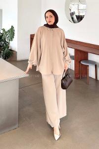 Lamelif Kol Büzgü Detaylı Takım Taş Rengi