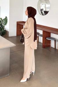 Lamelif Kol Büzgü Detaylı Takım Taş Rengi