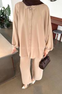 Lamelif Kol Büzgü Detaylı Takım Taş Rengi