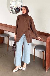 Lamelif Önü Çapraz Bağlamalı Gömlek Kahverengi