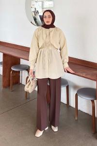 Lamelif Pelerin Detaylı Gömlek Bej