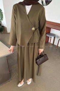 Lamelif Yan Bağlama Detaylı Etekli Takım Haki