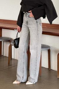 Lamelif Yüksek Bel Straight Leg Pantolon Açık Gri