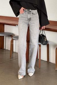 Lamelif Yüksek Bel Straight Leg Pantolon Açık Gri