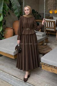 Lamelif Büzgü Detaylı Kemerli Etekli Takım Acı Kahve