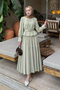 Lamelif Büzgü Detaylı Kemerli Etekli Takım Mint Yeşili