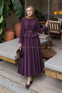 Lamelif Büzgü Detaylı Kemerli Etekli Takım Mürdüm