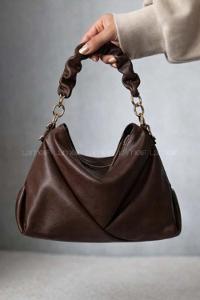 Lamelif Büzgülü Çift Askılı Kadın Omuz Çantası Acı Kahve