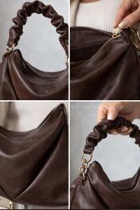 Lamelif Büzgülü Çift Askılı Kadın Omuz Çantası Acı Kahve