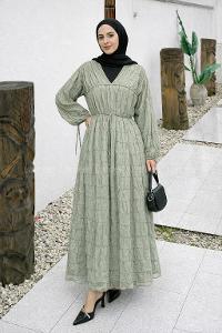 Lamelif Gofreli Bağcık Detaylı Tesettür Elbise Mint Yeşili