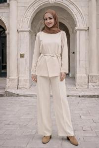 Cream Neckband Long Arm Elastan Polyester Regular Trousers Comfortable Suit