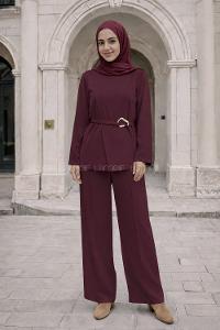 Plum Neckband Long Arm Elastan Polyester Regular Trousers Comfortable Suit