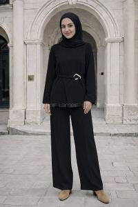 Black Neckband Long Arm Elastan Polyester Regular Trousers Comfortable Suit