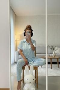 Lamelif Kadın Milan Kumaş  Kalp Desenli Ön Düğmeli  Mood Pijama Takımı