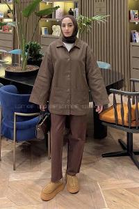 Lamelif Metal Düğme Kapama Oversize Ceket Kahverengi