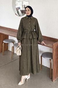 Lamelif Bağlama Detaylı Desenli Tesettür Takım Koyu Yeşil